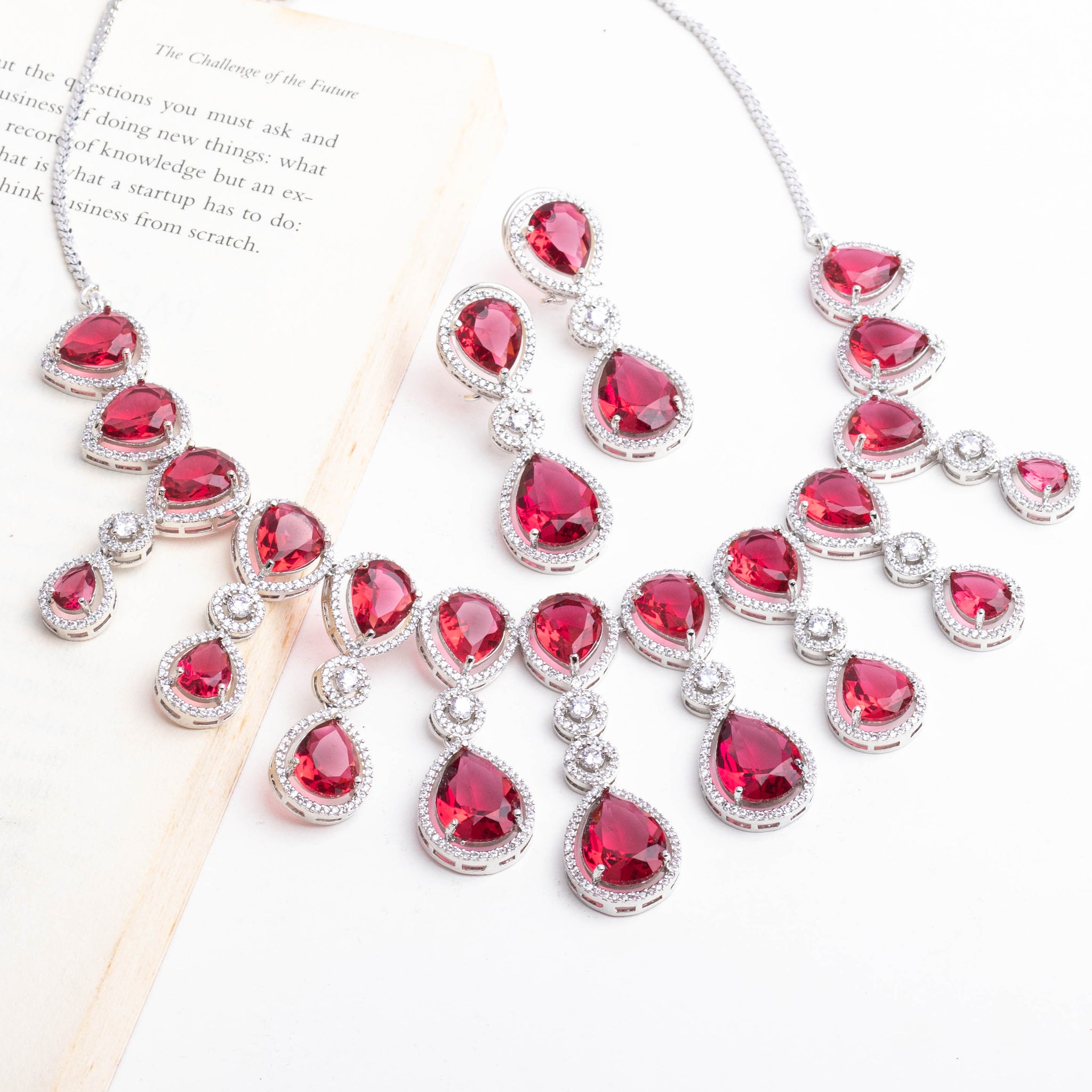 Rhodium Plated Luxurious Ruby Red Color Necklace Set With Earrings For Women