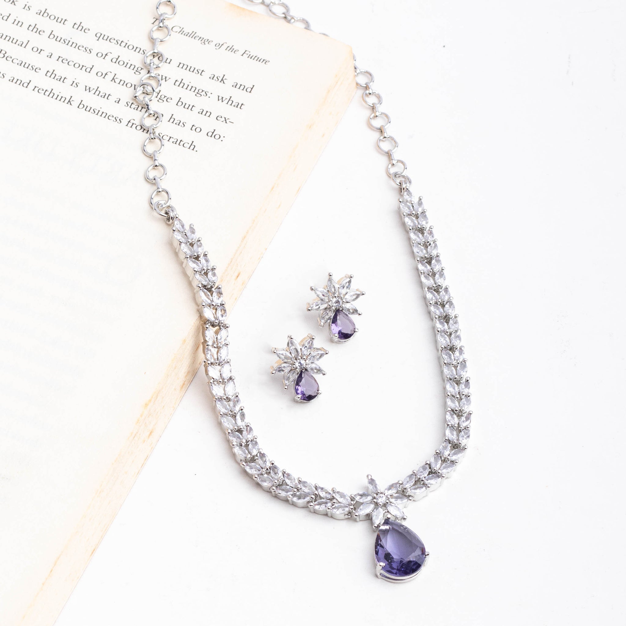 Rhodium Plated Elegant Purple Aqua Zircon Necklace Set With Earrings For Women