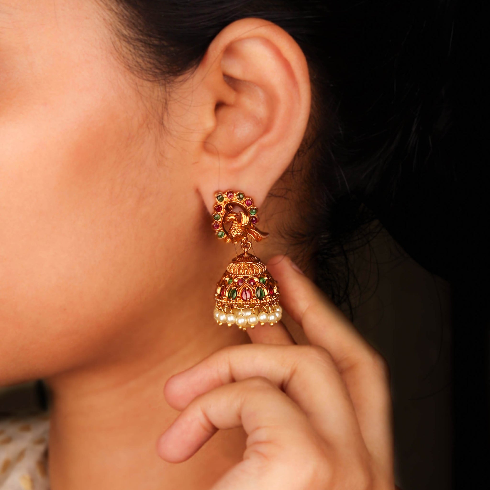 Traditional 18K Gold Plated Peacock Inspired South Indian Jhumka With Pearl Drop