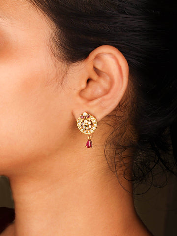 Elegant South Indian Earring With Ruby Color Stone Drop For Womens