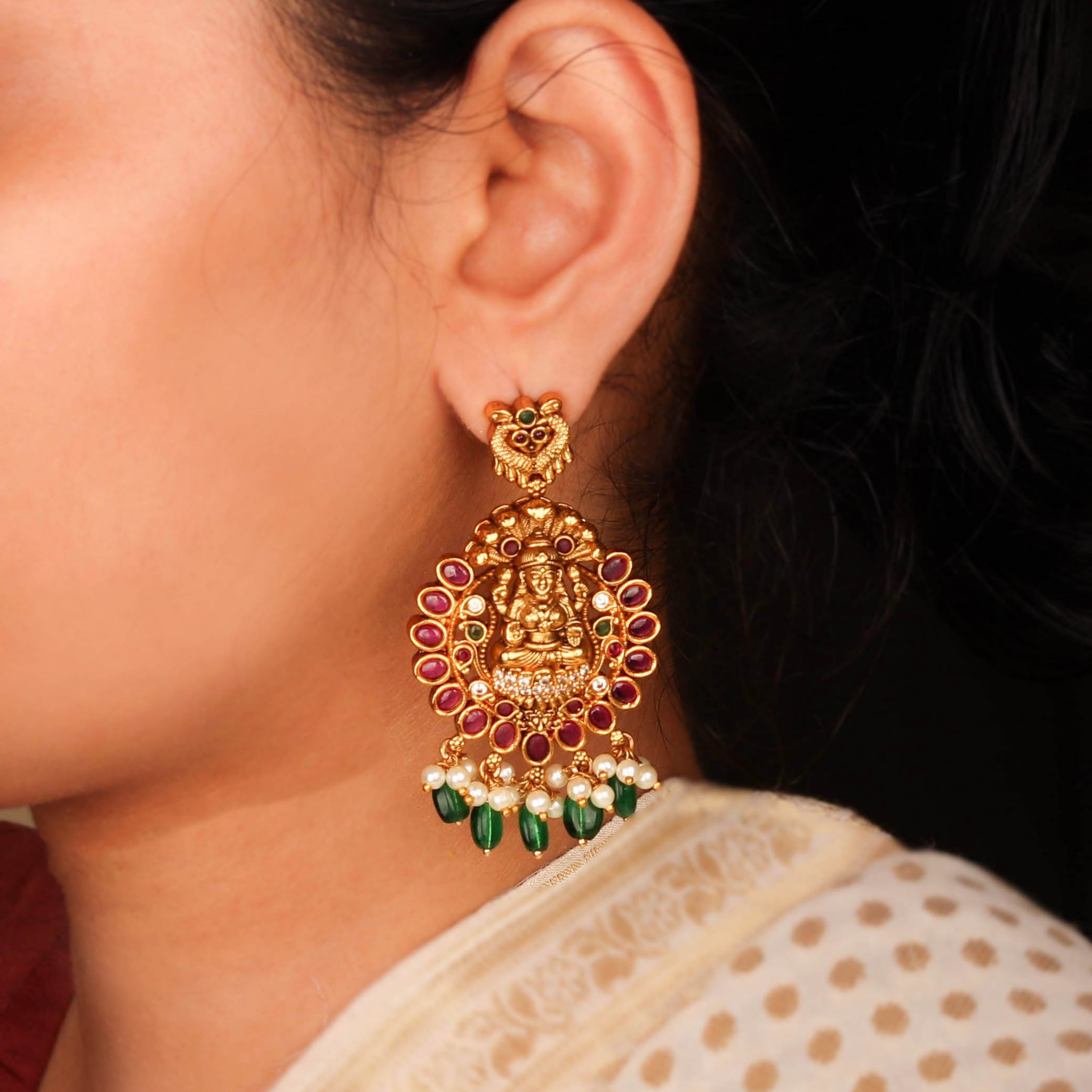 Luxurious Nakshi Goddess Lakshmi Earrings with Emerald Color Beads