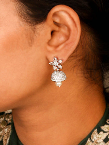 Beautiful Five Petal White CZ Rhodium Plated Jhumka Earring For Women