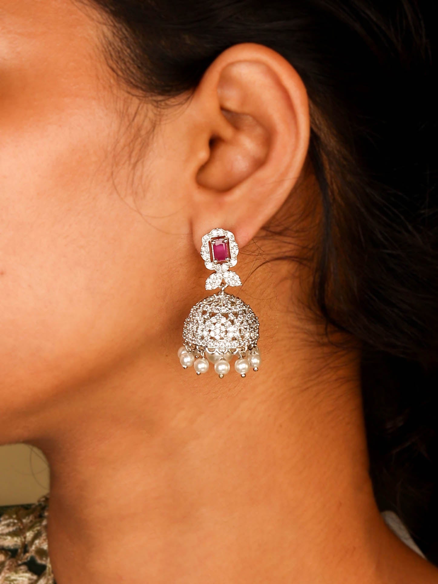 Rhodium Plated North Indian Jhumka With Pink Color Stone For Womens