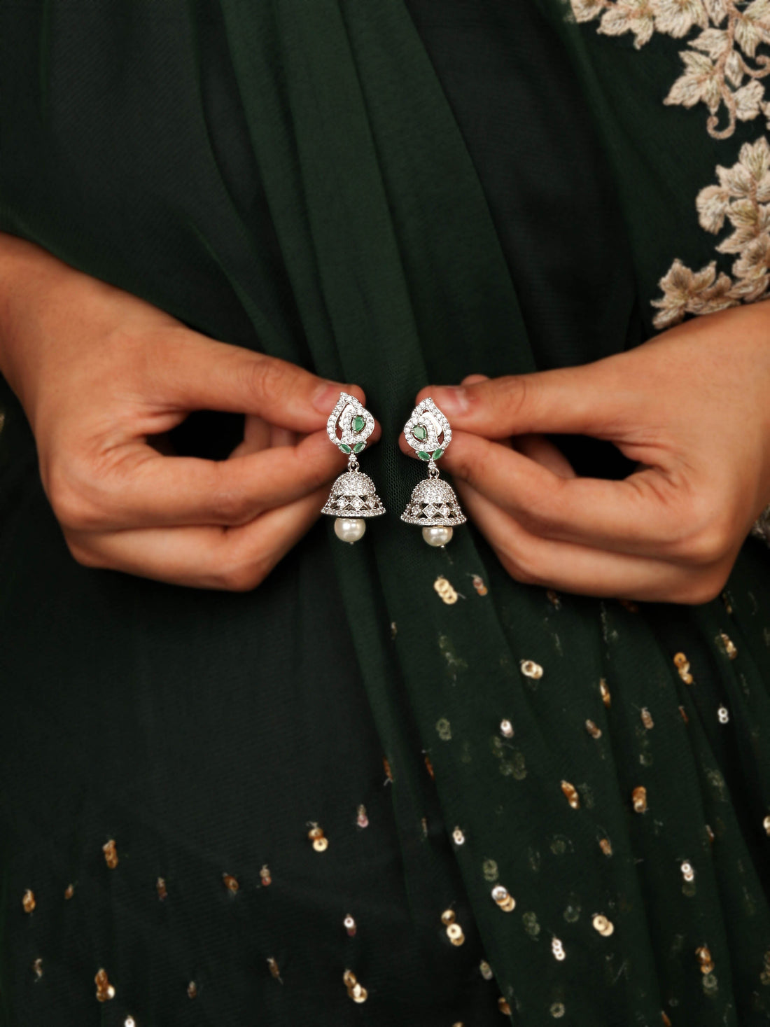 Delicate Emerald Green Jhumka with Hanging Pearl Earring For Women