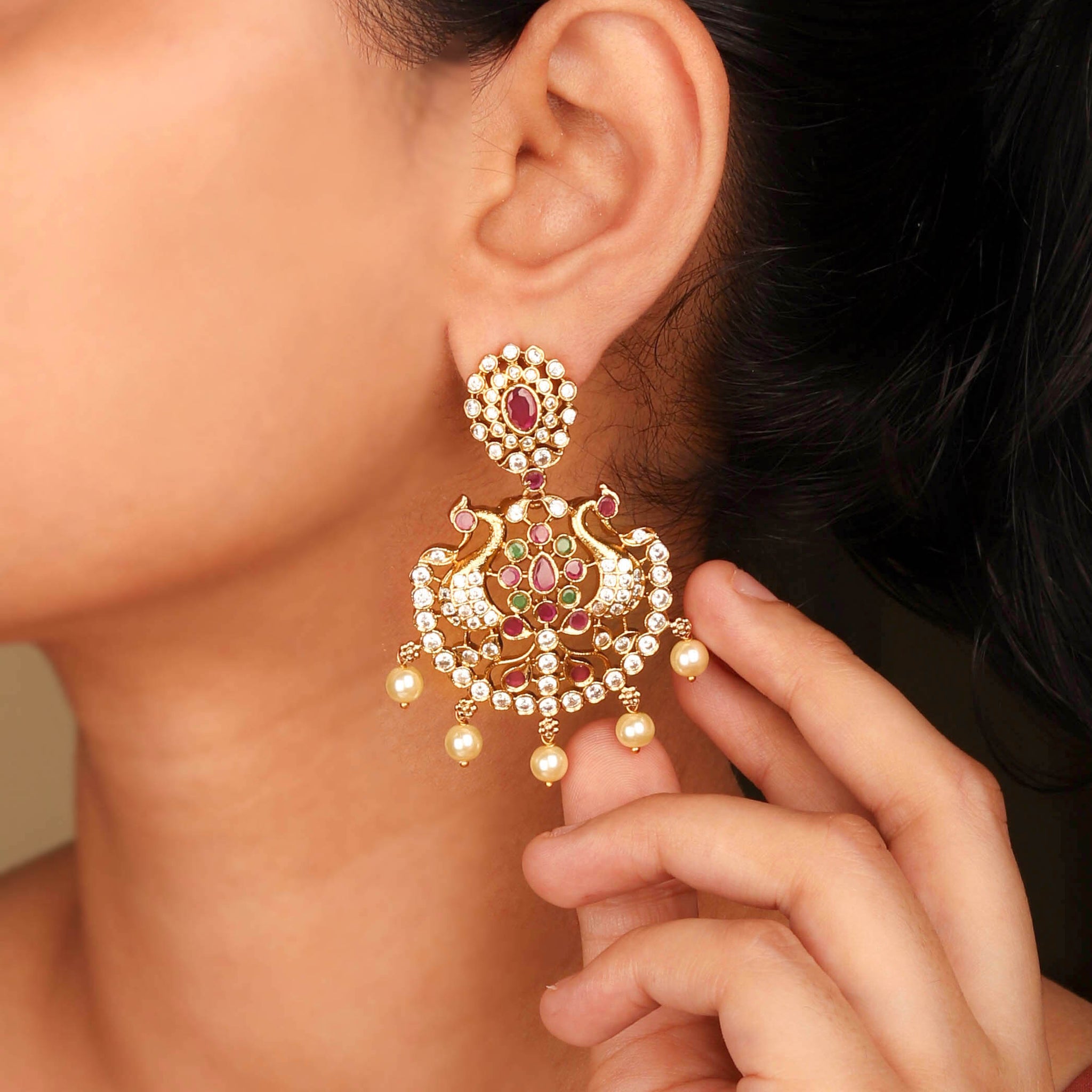 Precious Gold Plated Peacock Inspired Multi Stone Earring For Women