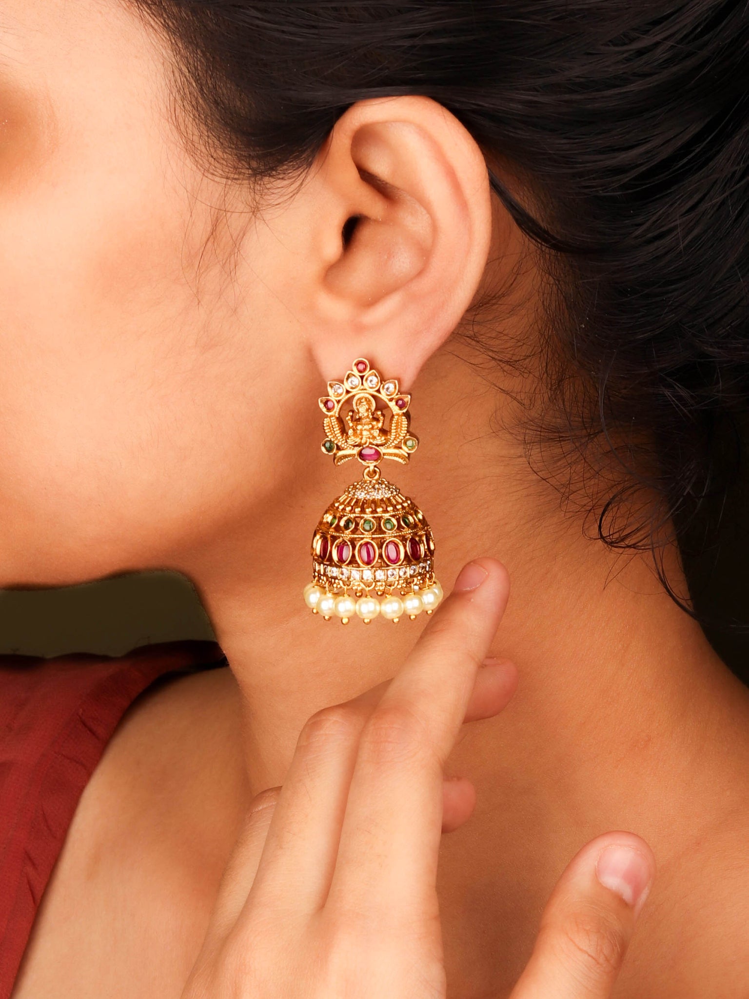 24K Gold Plated Nakshi Style South Indian Jhumka With Pearl And Multi Color Stones