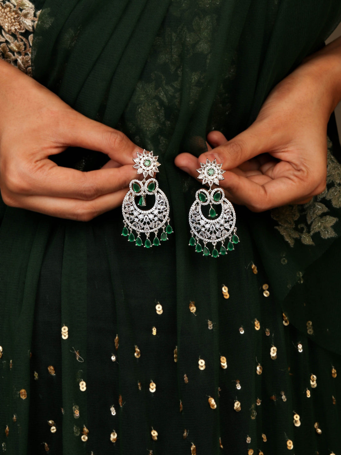 Dazzling Party Wear Earrings With Emerald Color Stones For Womens