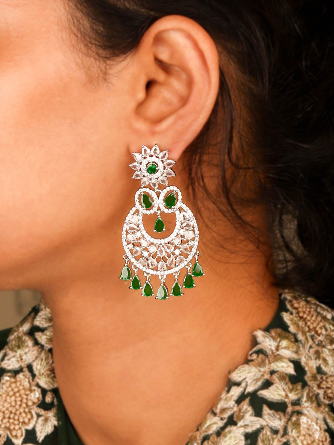 Dazzling Party Wear Earrings With Emerald Color Stones For Womens