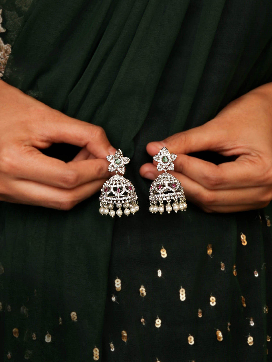 Exclusive Rhodium Plated Flower Shaped Jhumka Studded With CZ Stones