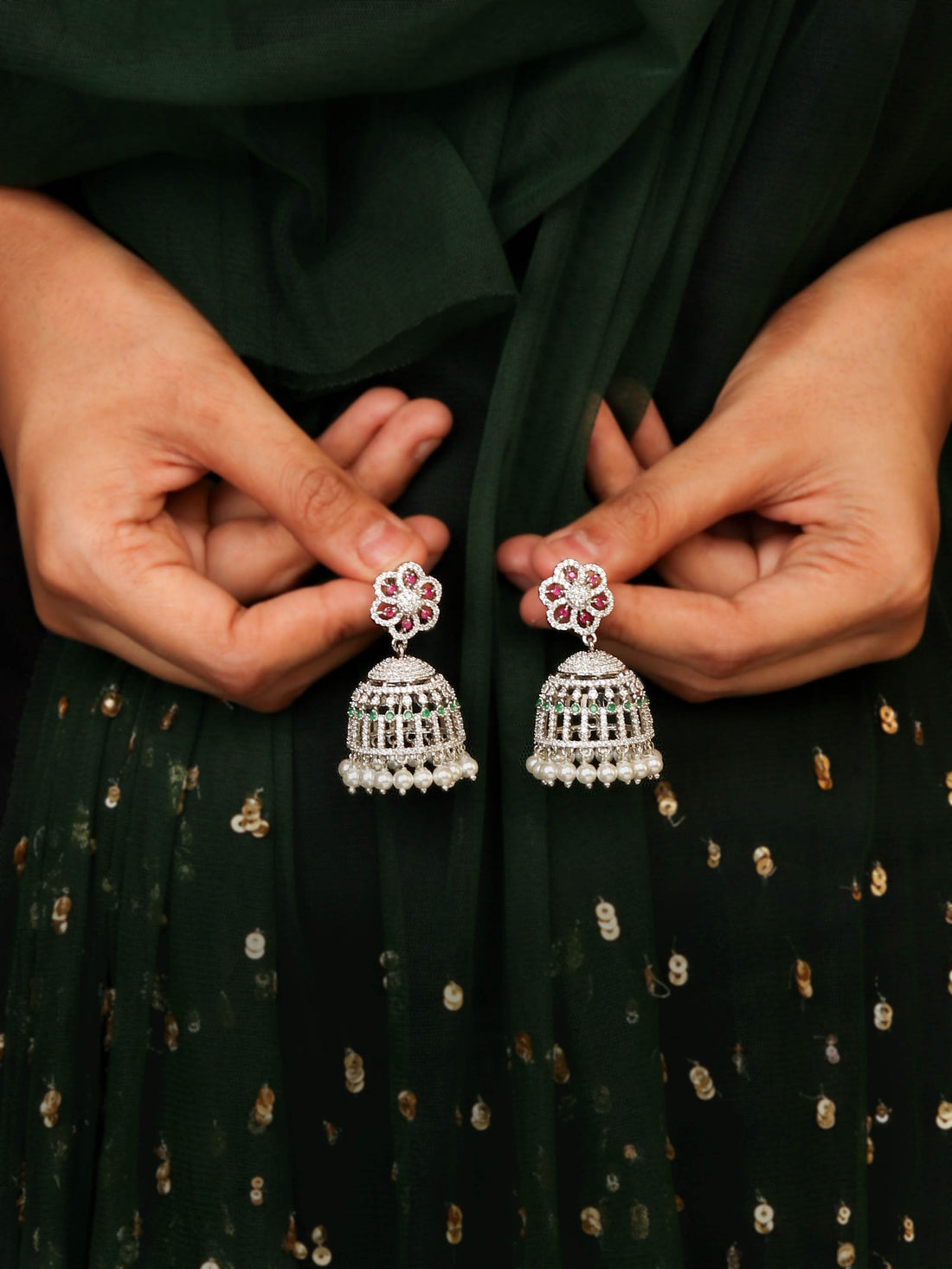 Floral Inspired Rhodium Plated White Dome Shaped Jhumka With Pink and White CZ Stones