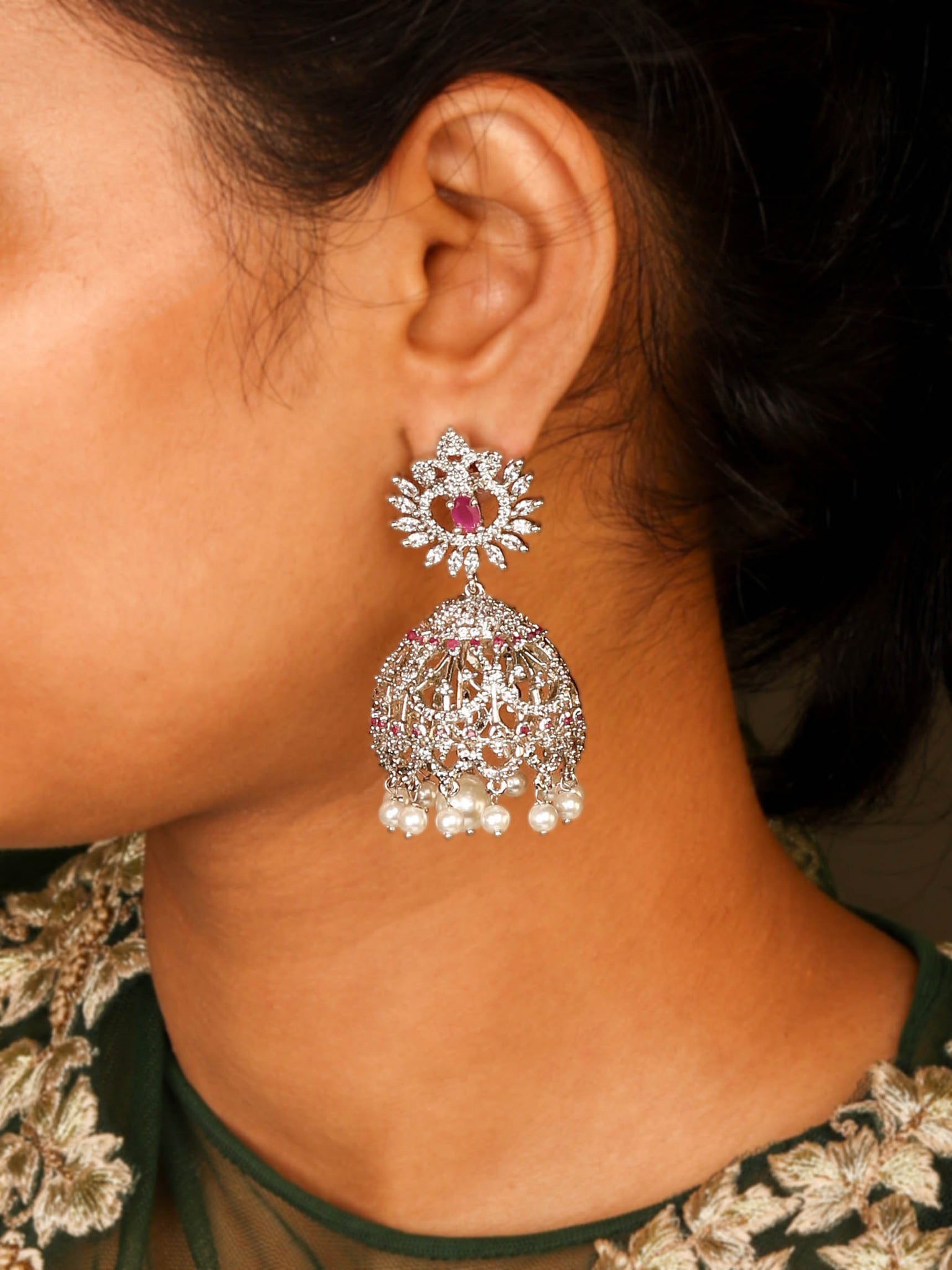 Elegant Rhodium Plated Jhumkas With Ruby Stones and Pearls for Women