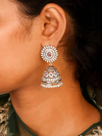 Radiant Rhodium Plated Jhumka With Classic Ruby Stones for Women