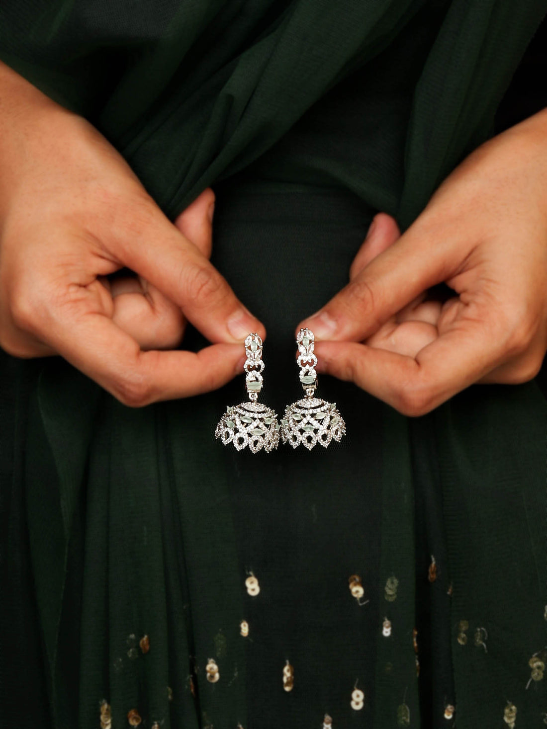 Stunning Rhodium Plated Jhumkas With White CZ Stones for Women