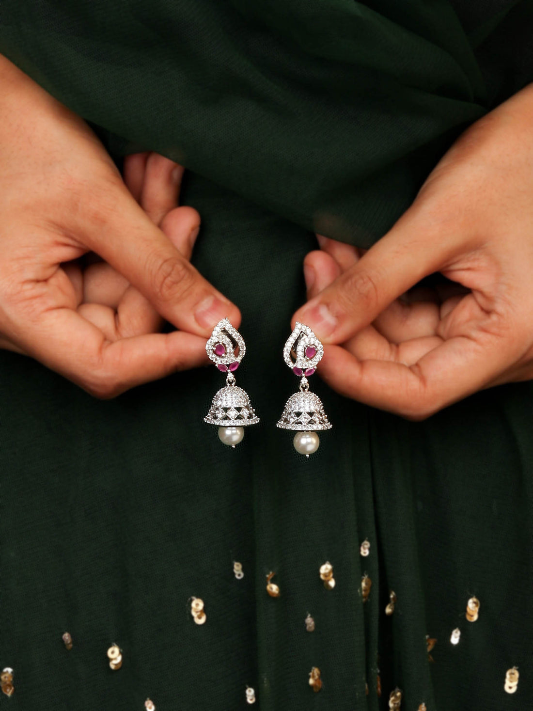 Rhodium plated Women's Jhumkas With Pink CZ Stones and Pearl