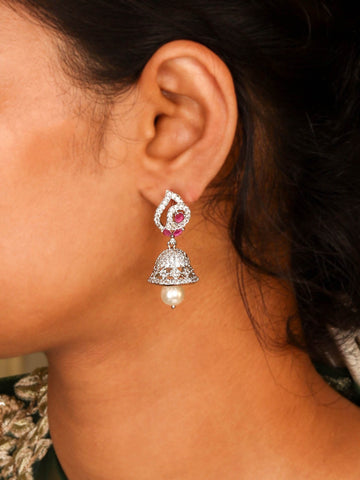 Rhodium plated Women's Jhumkas With Pink CZ Stones and Pearl