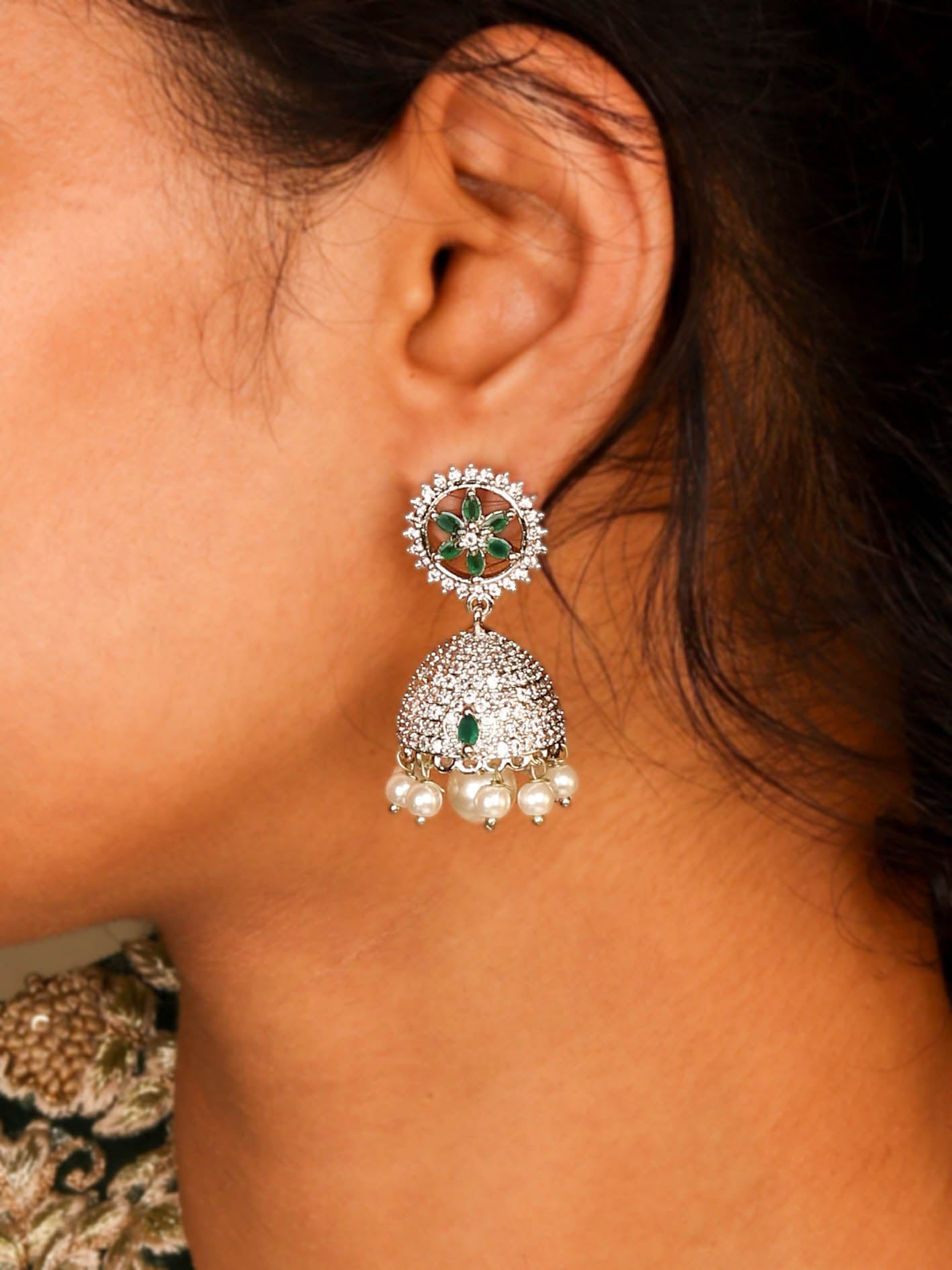 Exquisite Emerald and White CZ Rhodium Plated Jhumka Earrings For Women