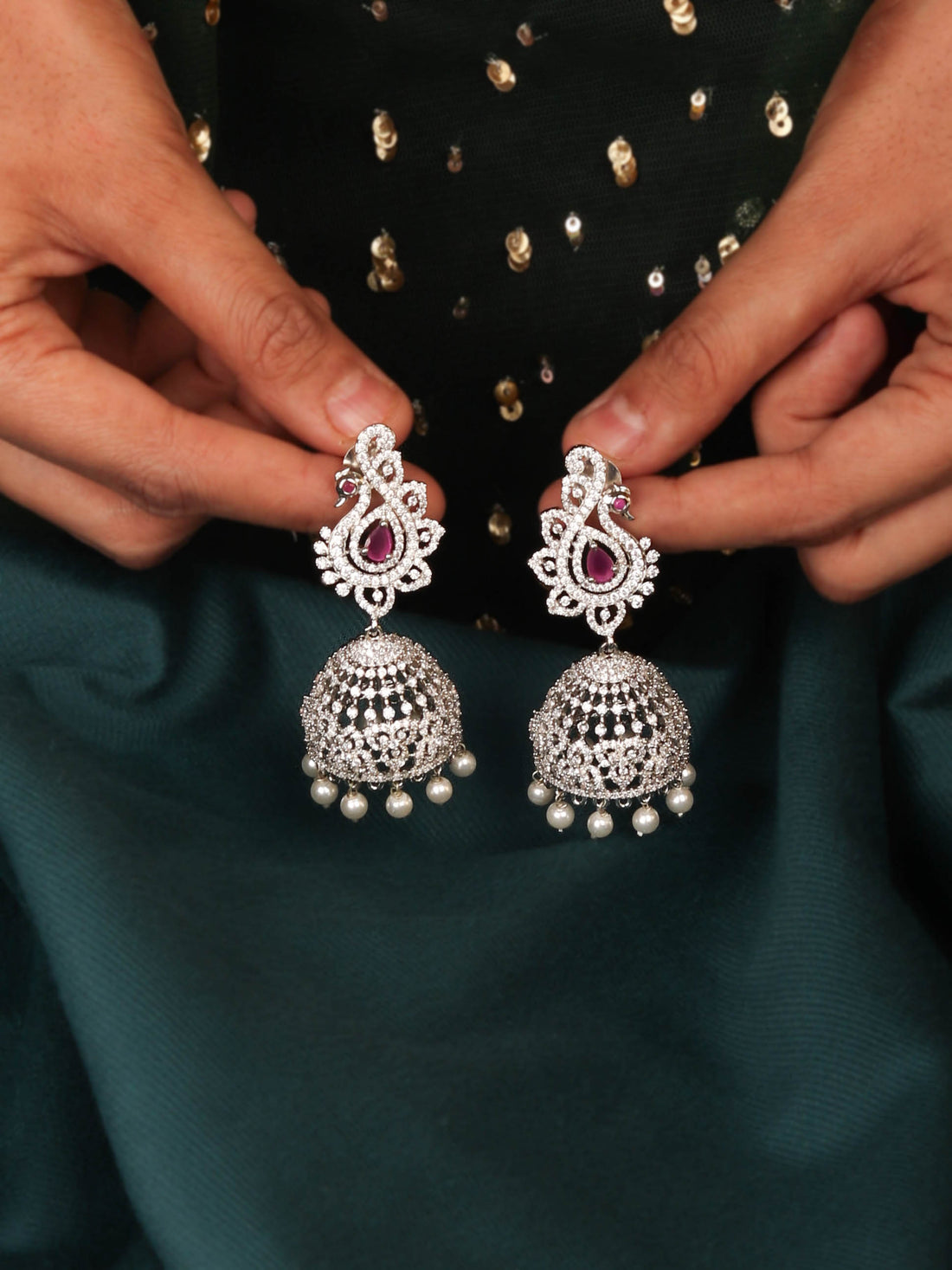 Beautiful Silver Finished Peacock Inspired Style Jhumka With Ruby Color Stone and Pearls for Women