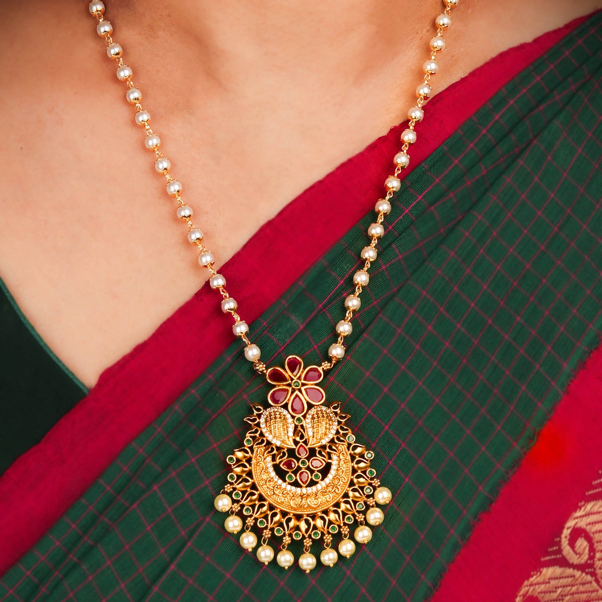 24K Gold Plated Elegant Necklace Set With Pearls And South Indian Pair of Earrings