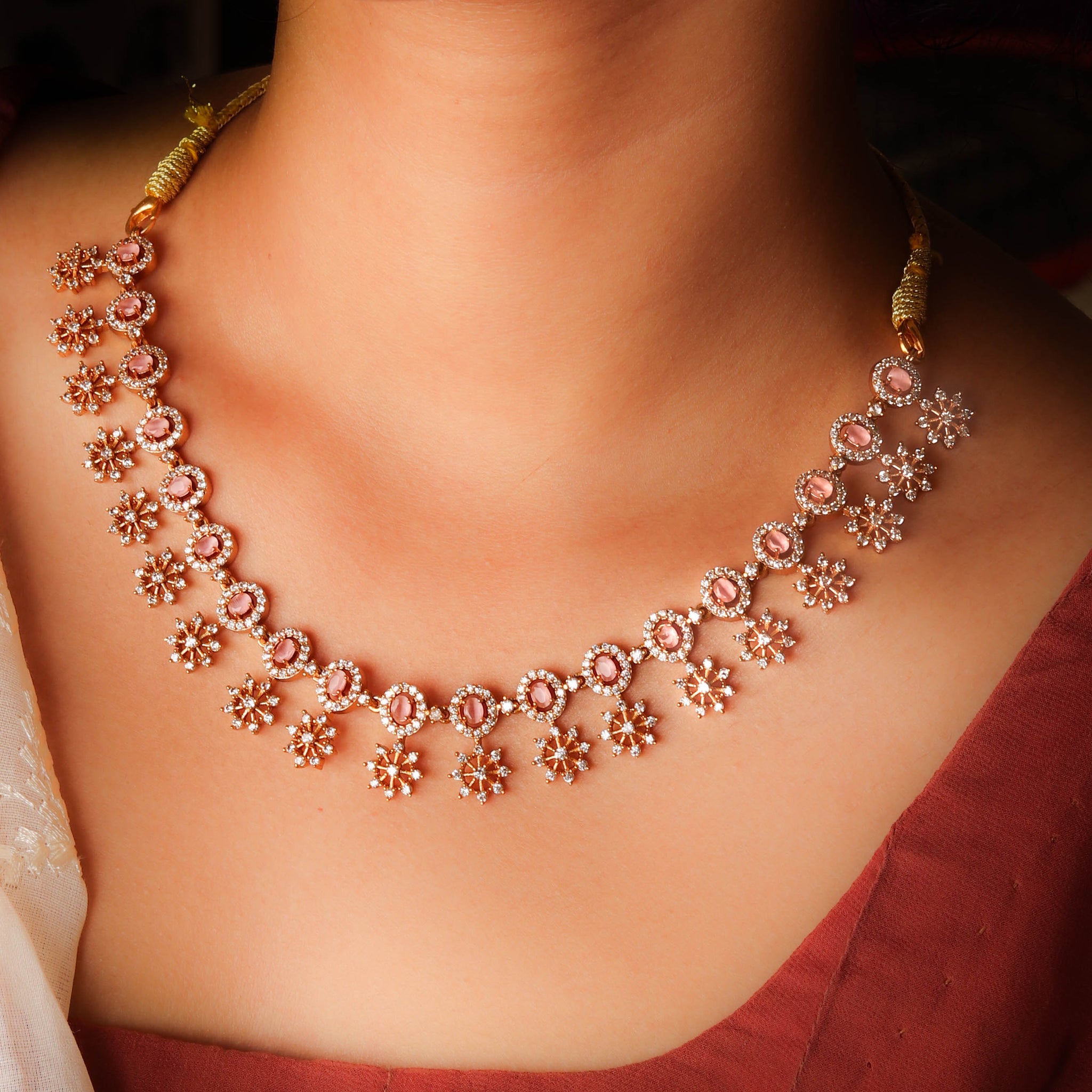 Elegant South Indian Necklace Set With Peach Color Stones And Pair Of Earrings