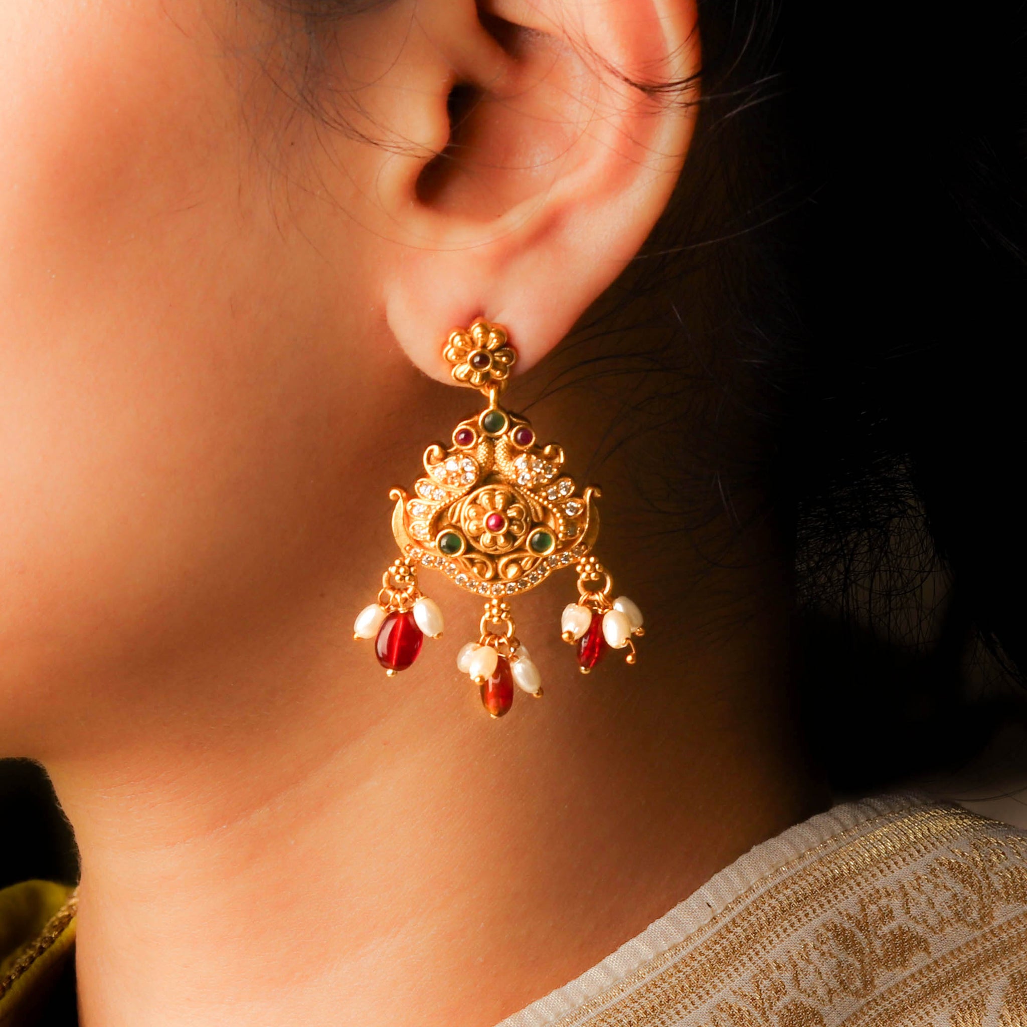 South Indian Artisanal Multi Stone Earring With Ruby Red Beads and Pearls Drop