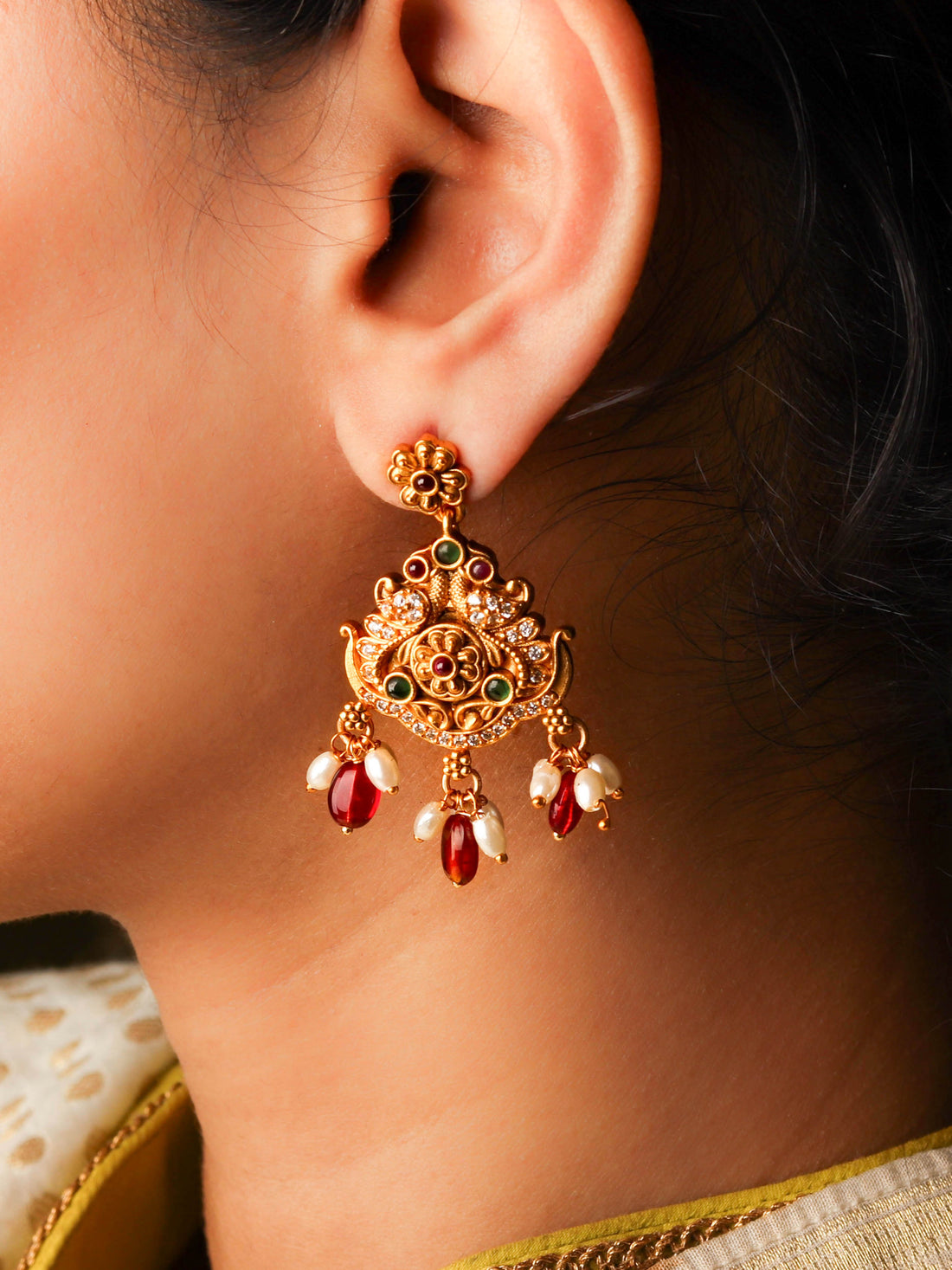 South Indian Artisanal Multi Stone Earring With Ruby Red Beads and Pearls Drop