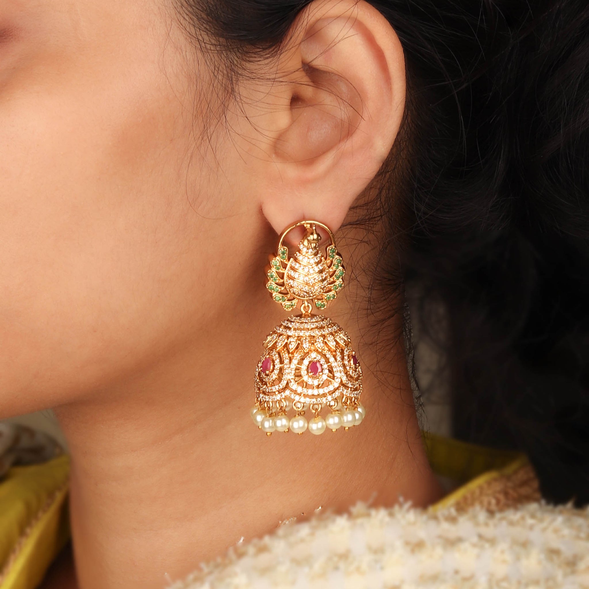 Luxurious Peacock Inspired 24K Gold Plated South Indian Jhumka With Colorful CZ Stones