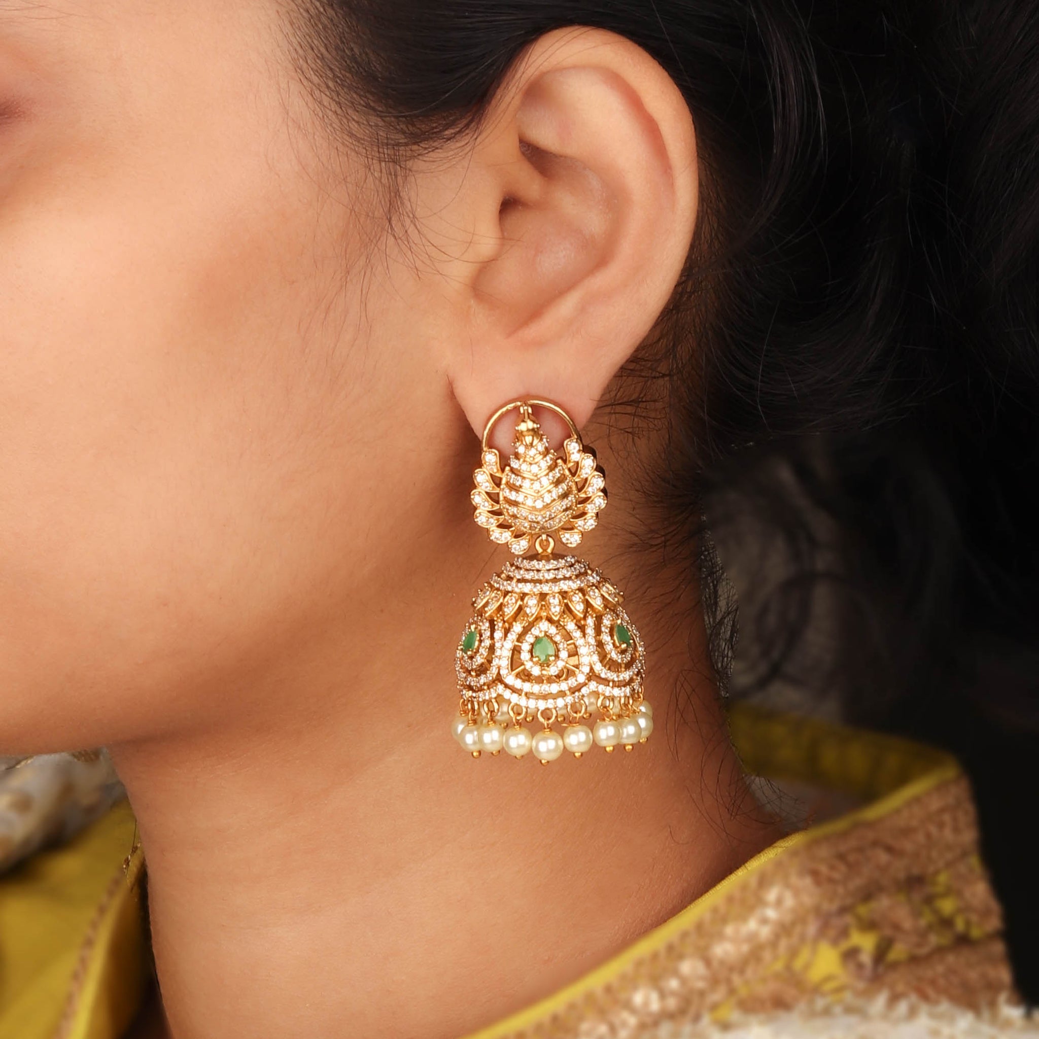 Premium 24k Gold-plated Peacock Jhumka With Emerald and White CZ Studded Stones