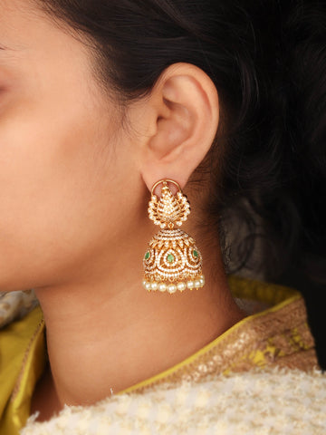 Premium 24k Gold-plated Peacock Jhumka With Emerald and White CZ Studded Stones