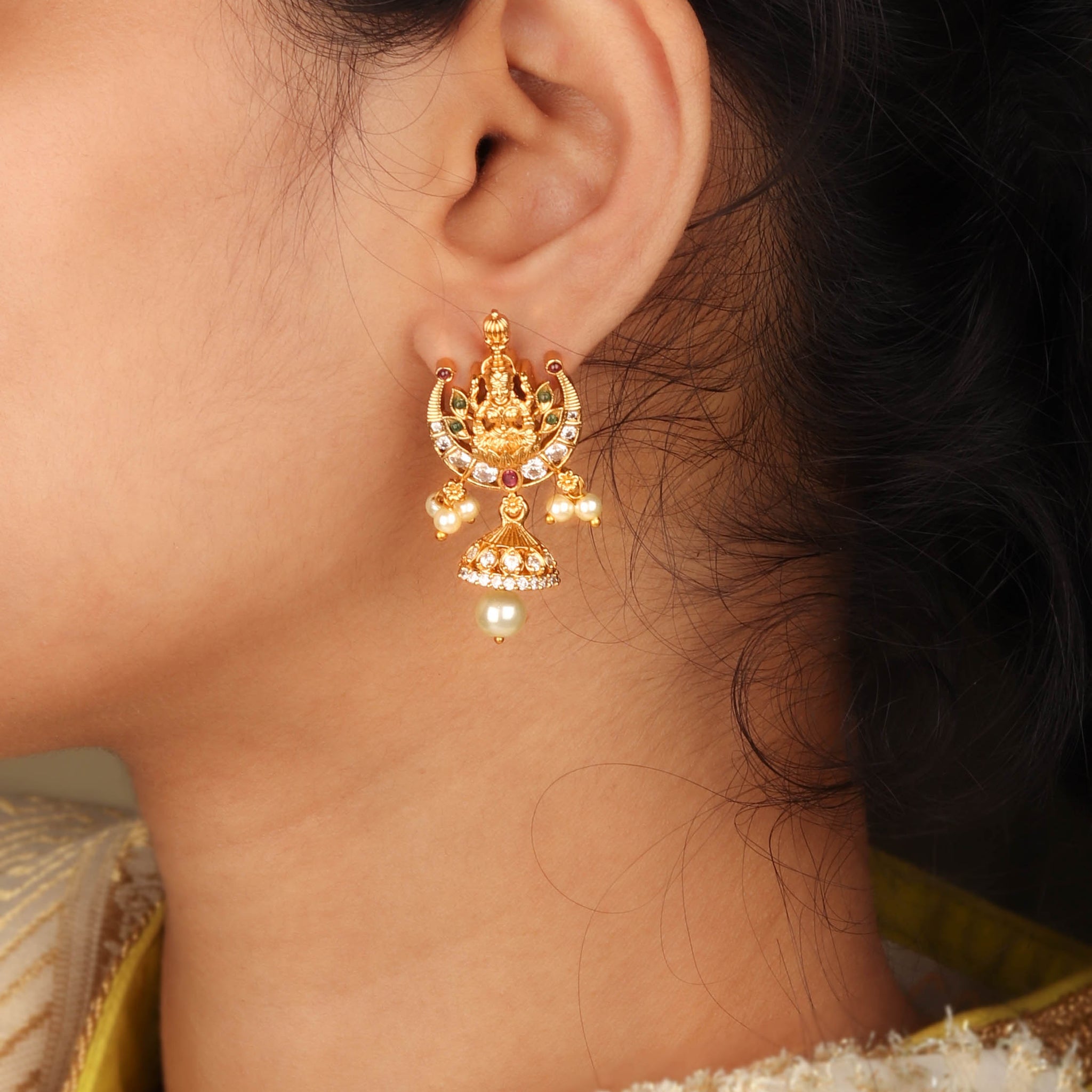 Traditional Lakshmi Goddess White Stone Earring For Women