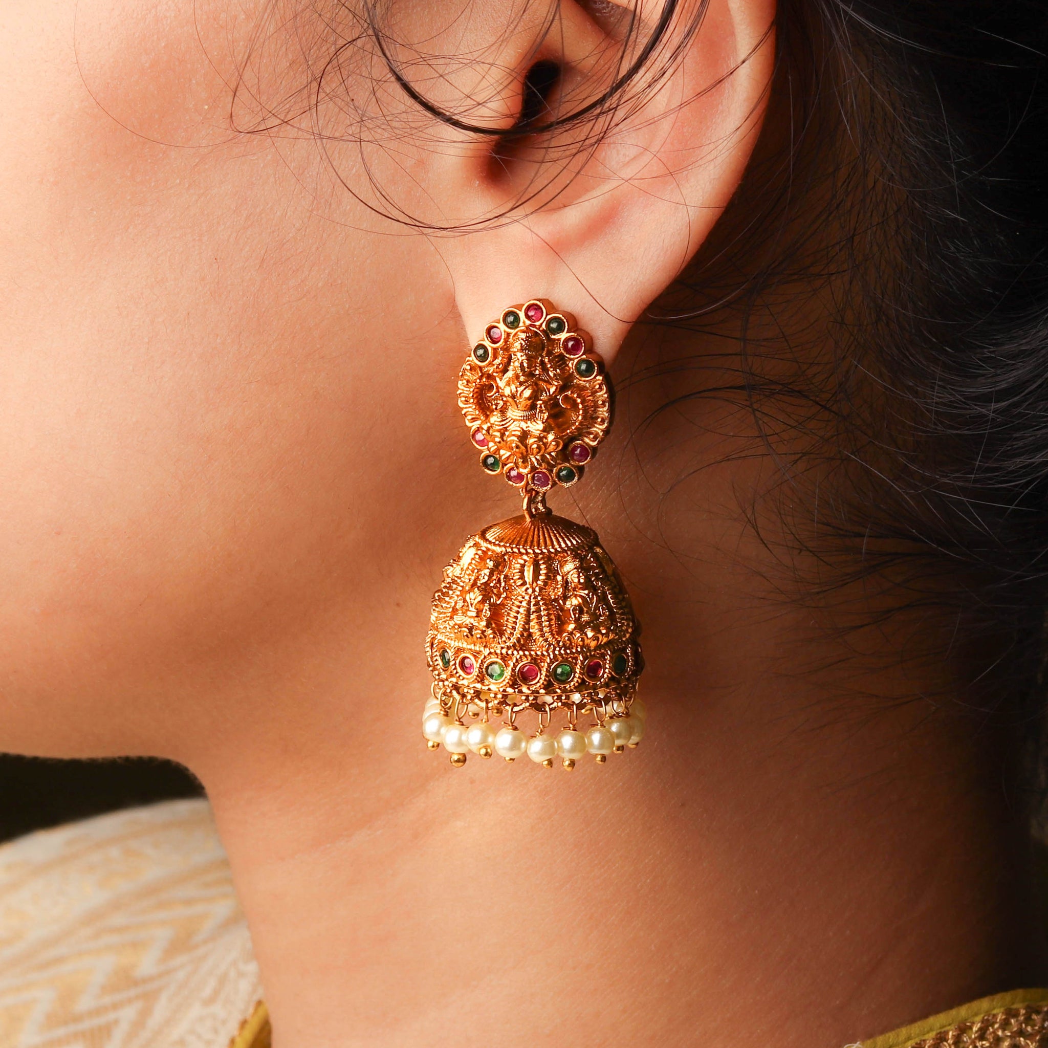 18K Gold Plated Traditional South Indian Jhumka With Pearls From Anantara