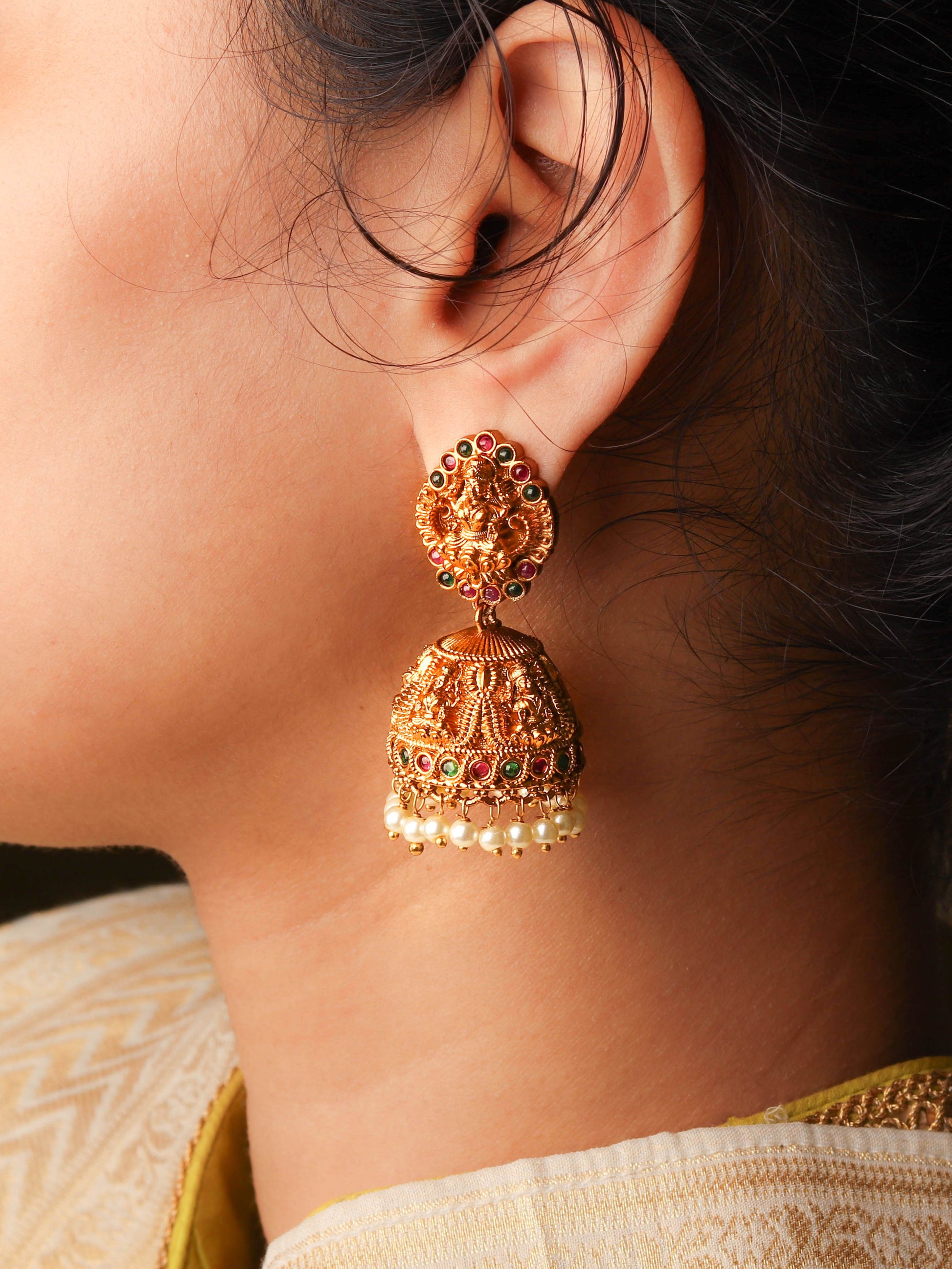18K Gold Plated Traditional South Indian Jhumka With Pearls From Anant