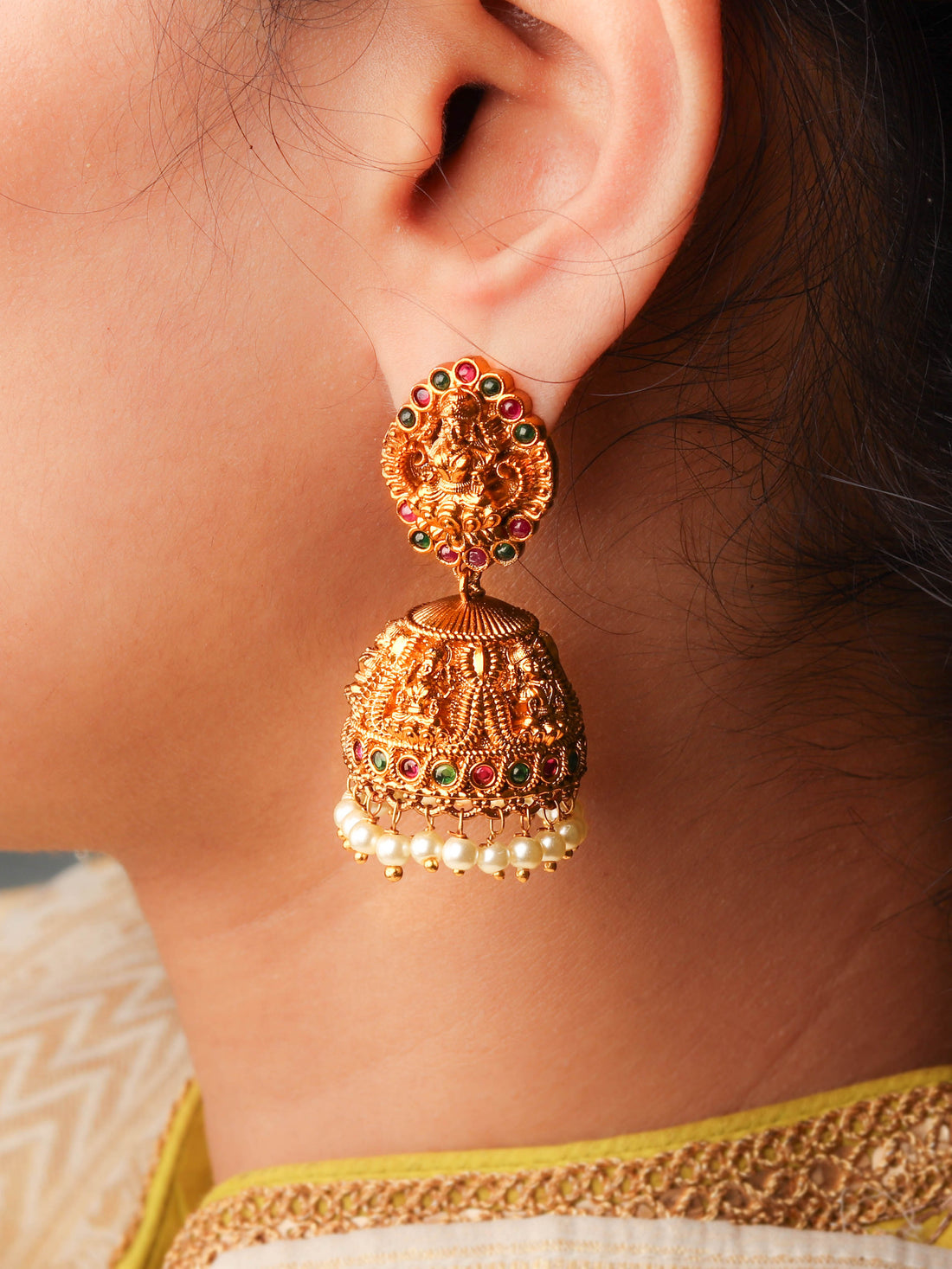 18K Gold Plated Traditional South Indian Jhumka With Pearls From Anantara