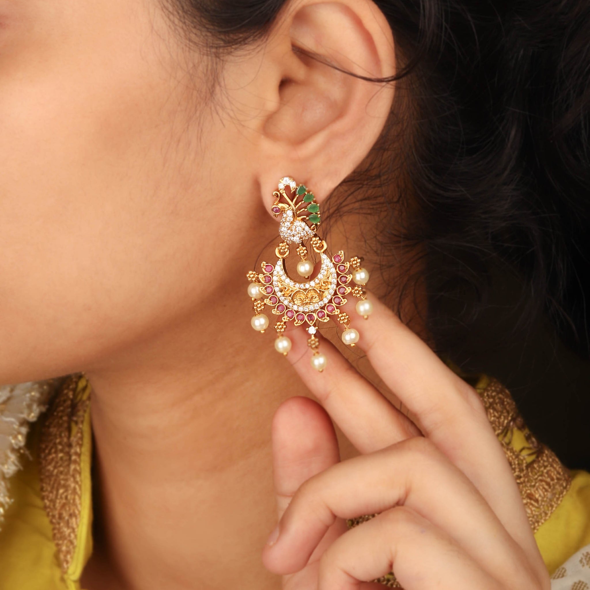 Attractive Gold Plated Peacock Inspired CZ Multi Stone Chandbali Earring For Women