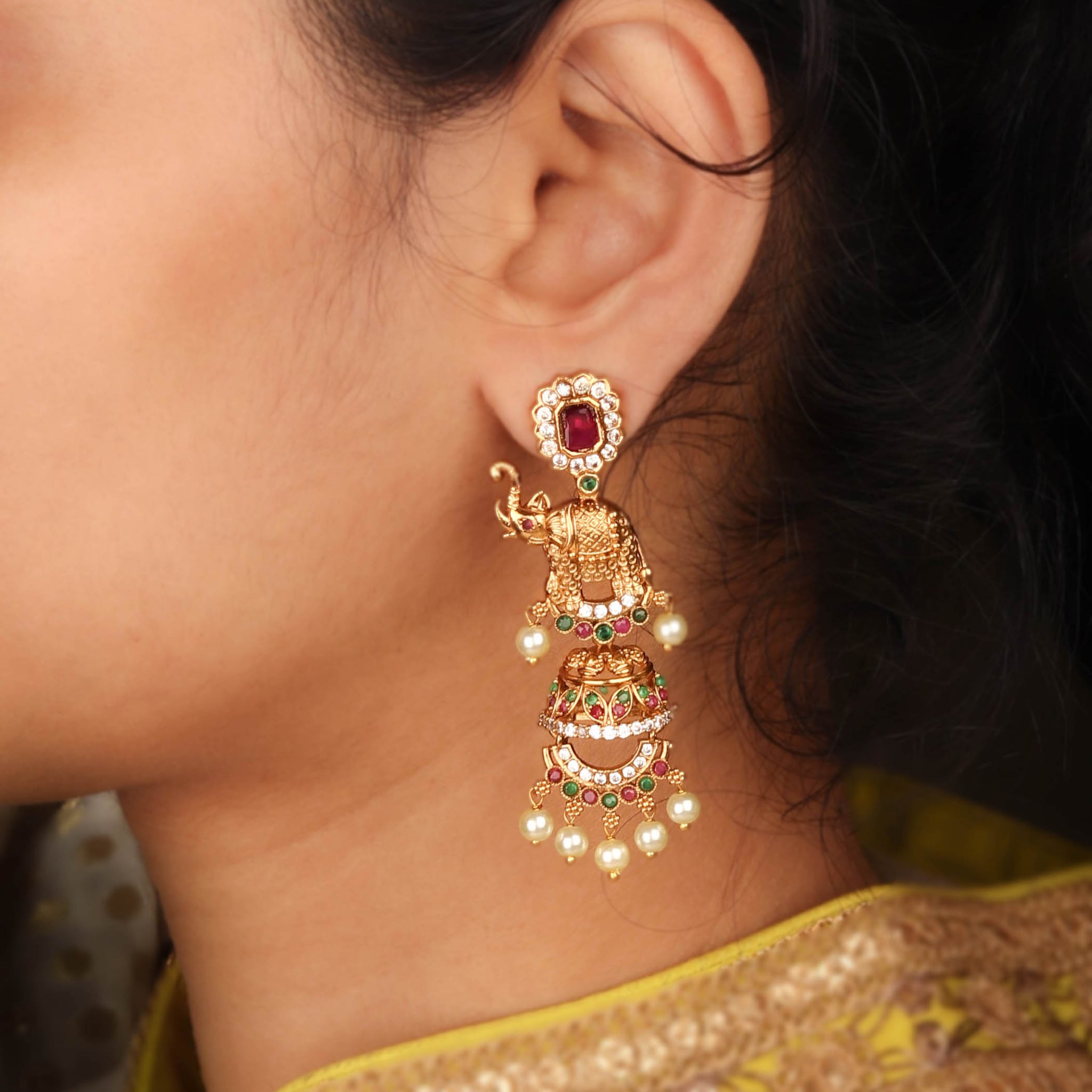 24K Gold Plated Elephant Inspired Jhumka With Ruby Color Stone and Pearls